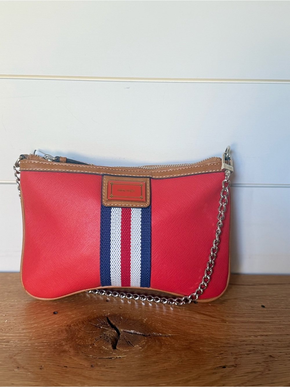 Nine West Prep it Up Clutch Fire/Dark Camel/Navy Like New